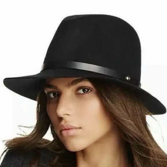 Rag & Bone Clara Fedora Wool felt Hat black leather strap gold button accent main image 5